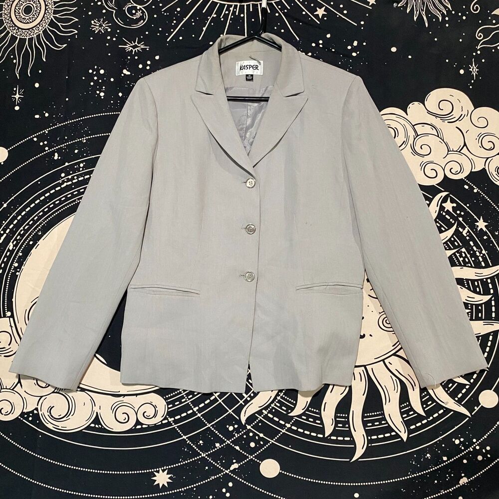Kasper Suit Jacket Women's 14 Gray Polyester 3-Button Business Office Career
